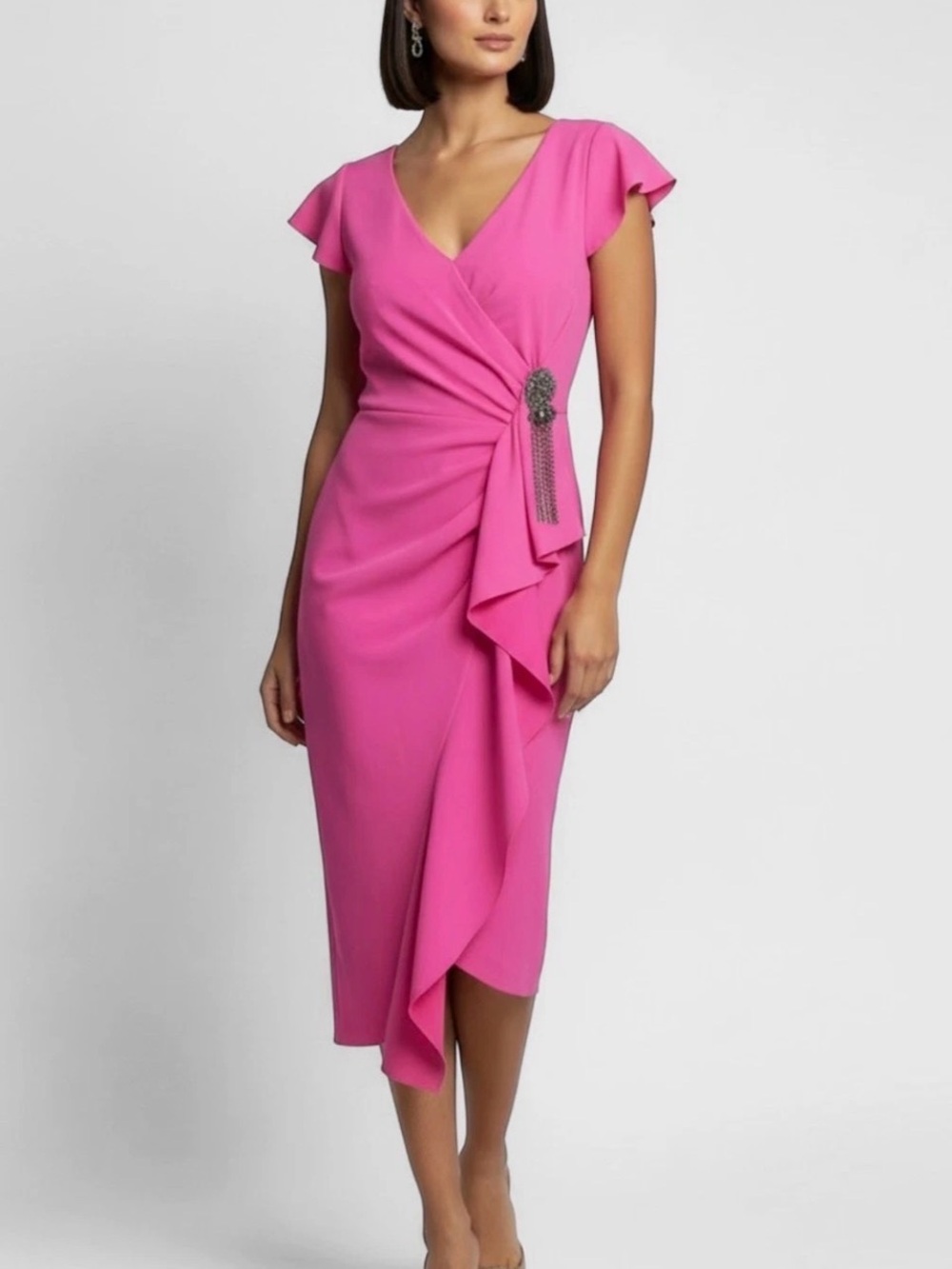 Pinko Hot Pink V-Neck Midi Dress with Draped Side Detail